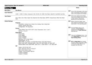 Page 52
Digital Projection Titan Pro series III  MENU MAP  Operating Guide
Page Op_22Rev A   May 2012
Menu Map
Main Menu Sub Menus
Input Selection
CVBS 1, CVBS 2, S-Video, Component, VGA, 3G-SDI, DVI, HDMI, Test Pattern, Main/DVI, Sub/HDMI, Dual Pipe
Test Pattern
Grey V Bars, Grey H Bars, Aspect Test, Alignment Grid, Warp Adjust, SMPTE, Chequerboard, White Field, Black 
Field
Global Settings
Projector
Orientation  Desktop Front, Ceiling Front, Desktop, Rear, Ceiling Rear
Latency  Minimal, Best Video...