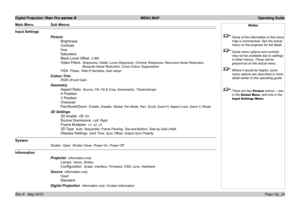 Page 54
Digital Projection Titan Pro series III  MENU MAP  Operating Guide
Page Op_24Rev A   May 2012
Input Settings
Picture
Brightness
Contrast
Hue
Saturation
Black Level Offset  0 IRE
Video Filters   Sharpness, Detail, Luma Sharpness, Chrome Sharpness, Recursive Noise Red\
uction, 
Mosquito Noise Reduction, Cross Colour Suppression
VGA  Phase, Total H Samples, Auto setup
Colour Trim
RGB Lift and Gain
Geometry
Aspect Ratio  Source, Fill, Fill & Crop, Anamorphic, TheatreScope
H Position
V Position
Overscan...