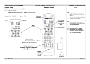 Page 7
Digital Projection Titan Pro series III  GETTING TO KNOW THE PROJECTOR  Installation and Quick-Start Guide
Page Inst_3Rev A   May 2012
Notes
 The projector uses the standard 
Digital Projection infra-red remote 
control.
  Only the controls shown highlighted 
are used on this projector.
 For full details of how to use the 
controls and the menu system, see 
the Operating Guide.
 Each time a lens is fitted to 
the projector, the calibration 
procedure must be carried out.
  (see the Fitting the Lens)...