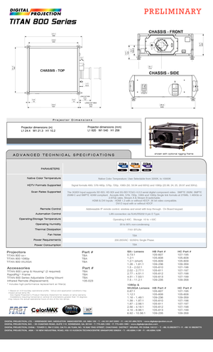 Page 2Native Color Temperature
HDTV Formats Supported
Scan Rates Supported
Remote Control
Automation Control
Operating/Storage Temperature
Operating Humidity
Thermal Dissipation 
Fan Noise
Power Requirements
Power Consumption
PARAMETERS
Projectors    Part #TITAN 800 sx+     TBATITAN 800 1080p     TBATITAN 800 WUXGA      TBA
Accessories     Part #TITAN 800 Lamp & Housing* (2 required)    TBARapidRigTM Frame     TBA TITAN 800 Series Adjustable Ceiling Mount    TBAInfrared Remote (Replacement)      105-023*...