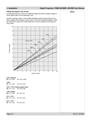 Page 26Page 2.4 Rev B  02/2007
2. Installation  Digital Projection TITAN HD-500, HD-250 User Manual
Fitting the image to the screen
It is important that your screen is of sufﬁ cient height and width to display images at 
all the aspect ratios you are planning to use.
Use the conversion chart, or the sample calculations below to check that you are 
able to display the full image on your screen. If you have insufﬁ cient height or width, 
you will have to reduce the overall image size in order to display the full...