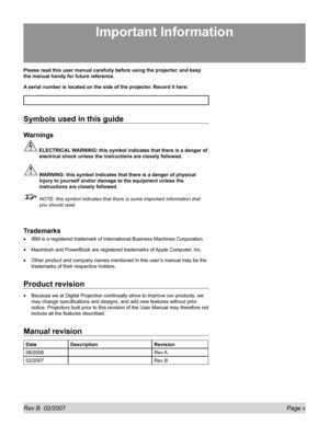 Page 5Rev B  02/2007  Page v
Please read this user manual carefully before using the projector, and keep 
the manual handy for future reference.
A serial number is located on the side of the projector. Record it here: 
Symbols used in this guide
Warnings
  ELECTRICAL WARNING: this symbol indicates that there is a danger of 
electrical shock unless the instructions are closely followed.
 WARNING: this symbol indicates that there is a danger of physical 
injury to yourself and/or damage to the equipment unless...