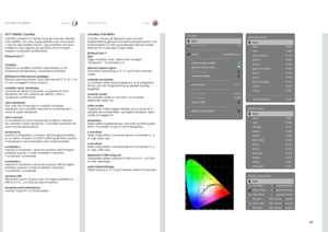 Page 5151
italianonorskSISTEMA DEI MENU
MENYSYSTEM
SOTTOMENU ColorMax
ColorMax contiene un metodo facile da usare per ottenere 
colori perfetti, una scala di grigi perfetta e per sintonizzare 
i colori tra due proiettori diversi  . Ogni proiettore che lascia 
la fabbrica viene regolato per garantire che le immagini 
vengano visualizzate correttamente .
BrilliantColor™
modalità
Seleziona la modalità ColorMax impostandola su off, 
temperature (temperatura), coordinate (coordinata) .
abilitazione bilanciament...