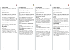 Page 5252
englishdeutsch francais español
ADVANCED SUB MENU
The advanced sub menu contains less used, and more 
spesific picture adjustment settings .
horizontal position
Shifts the image sideways .
vertical position
Shifts the image up and down .
phase
Adjust for stable image . A jittery image may appear with 
certain VGA sources
 . You may also press the AUTO button 
on the keypad or remote control to optimize .
frequency
Adjust image width . An incorrect setting may produce 
vertical, unstable bands in the...