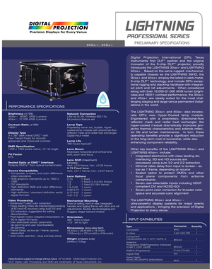 Page 1PERFORMANCE SPECIFICATIONS
Brightness (±10%)
30isx+:  16000  ANSI Lumens
40isx+:  21,000 ANSI Lumens
Contrast Ratio (±10%)
1800:1 
Display Type
3 x .95” dark metal DMD™ with 
Fast Transit Pixels for smooth 
greyscale and improved contrast
DMD Specification
1400 x 1050 pixels native, 12˚ tilt angle
Fill Factor
87%
Sealed Optic at DMD™ Interface
Protects DMD’s™ from optical contamination
Source Compatibility
•  Composite, s-video, and color difference 
video standards 
• RGB graphics standards up to 1920 x...