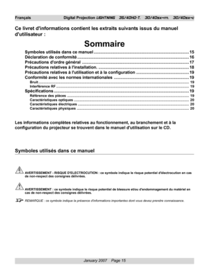 Page 15
January 2007    Page 15
Français Digital Projection LIGHTNING   35/40HD-T,   30/40sx+m,   30/40sx+c
Ce livret dinformations contient les extraits suivants issus du manuel
dutilisateur :
Sommaire
Symboles utilisés dans ce manuel ........................................................................\
......... 15
Déclaration de conformité ........................................................................\
....................... 16
Précautions dordre général...