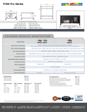 Page 2DIGITAL PROJECTION, INC. • 55 CHASTAIN ROAD. SUITE 115. KENNESAW. GA. 30144 • T-770.420.1350 • F-770.420.1360 • www.digitalprojection.com
DIGITAL PROJECTION, LTD. • GREENSIDE WAY. MIDDLETON. MANCHESTER. UK. M24 IXX • T-+44.161.947.3300 • F-+44.161.684.7674 • www.digitalprojection.co.uk
Native Color Temperature
HDTV Formats Supported
Scan Rates Supported
Remote Control
Automation Control
Operating/Storage Temperature
Operating Humidity
Thermal Dissipation 
Fan Noise
Power Requirements
Power...