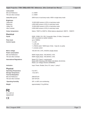 Page 131
Rev C August 2009 Page 7.5
Digital Projection TITAN 1080p-600/700, Reference, Ultra Contrast User Manual   7. Appendix

Lamp power
600 and Reference  2 x 300W
700 and Ultra Contrast  2 x 350W
Lamp life (typical)  2000 hours in dual lamp mode, 4000 in single lamp mode
Brightness
1080p-600  10,000 ANSI lumens (±10%) in dual lamp mode
Reference   4,000 ANSI lumens (±10%) in dual lamp mode
1080p-700  10,000 ANSI lumens (±10%) in dual lamp mode
Ultra Contrast  5,000 ANSI lumens (±10%) in dual lamp mode...