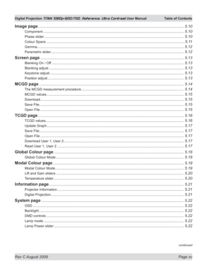 Page 15
Rev C August 2009 Page xv
Digital Projection TITAN 1080p-600/700, Reference, Ultra Contrast User Manual  Table of Contents

Image page .........................................................................................................................................5.10
Component ....................................................................................................................................5.10
Phase slider...