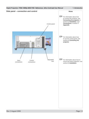 Page 21
Rev C August 2009 Page 1.5
Digital Projection TITAN 1080p-600/700, Reference, Ultra Contrast User Manual   1. Introduction

Side panel – connection and controlNotes
 For information about how 
to connect the projector, see 
Connecting the projector in 
section 2. Installation, and 
Connections in section 7. 
Appendix.
 For information about how 
to use the control panel, see 
section 4. Controlling the 
projector.
 For information about how to 
mount and stack projectors, see 
section 2. Installation....