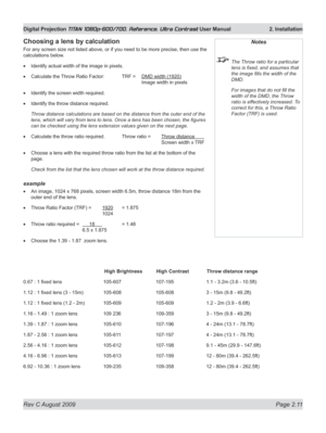Page 33
Rev C August 2009 Page 2.11
Digital Projection TITAN 1080p-600/700, Reference, Ultra Contrast User Manual   2. Installation

Notes
 The Throw ratio for a particular 
lens is fixed, and assumes that 
the image fills the width of the 
DMD.
  For images that do not fill the 
width of the DMD, the Throw 
ratio is effectively increased. To 
correct for this, a Throw Ratio 
Factor (TRF) is used. 
Choosing a lens by calculation
For any screen size not listed above, or if you need to be more precise, then use...