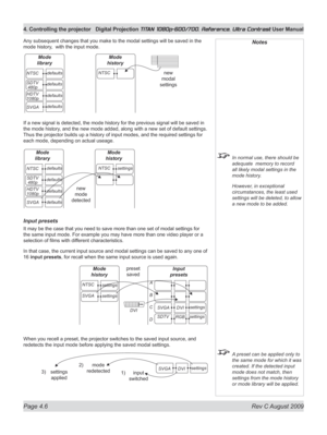 Page 52
Page 4.6  Rev C August 2009
4. Controlling the projector Digital Projection TITAN 1080p-600/700, Reference, Ultra Contrast User Manual

Any subsequent changes that you make to the modal settings will be saved in the 
mode history,  with the input mode.
If a new signal is detected, the mode history for the previous signal will be saved in 
the mode history, and the new mode added, along with a new set of default settings. 
Thus the projector builds up a history of input modes, and the required settings...