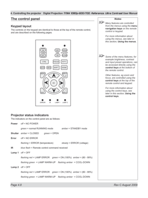 Page 54
Page 4.8  Rev C August 2009
4. Controlling the projector Digital Projection TITAN 1080p-600/700, Reference, Ultra Contrast User Manual

The control panel
Keypad layout
The controls on the keypad are identical to those at the top of the remote control, 
and are described on the following pages.
Projector status indicators
The indicators on the control panel are as follows:
Power off = NO POWER
 green = normal RUNNING mode  amber = STANDBY mode
Shutter amber = CLOSED green = OPEN
Error off = NO ERROR...