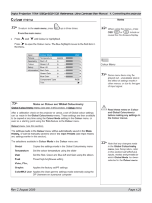 Page 75
Rev C August 2009 Page 4.29
Digital Projection TITAN 1080p-600/700, Reference, Ultra Contrast User Manual  4. Controlling the projector

Notes
 When using the menus, press 
OSD  or  to hide or 
reveal the On-Screen-Display.
 
Colour Menu
 Some menu items may be 
greyed out - unavailable due to 
the effect of settings made in 
other menus, or due to the type 
of input signal.
 Read these notes on Colour 
and Global Colourimetry 
before making any settings in 
the Colour menus.
  Note that any changes...