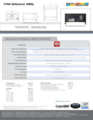 Page 2Projectors   Part #TITAN Reference 1080p   108-781
TITAN Reference 1080p-330-L  111-239 
 
1 Based on 4-6 hour/day operational profile.  Venue and application conditions may impact actual lamp life.
  See Digital Projection’s Product Warranty Statement for details on la\
mp warranty.
  Installations requiring horizontal or vertical tilt orientations greater\
 than 15 degrees may reduce the    
  actual operational hours of one of the two lamps.
Lenses   Part # 0.67:1    107-195 
1.12:1    105-608 
1.12:1...