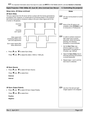 Page 109Rev C  April 2011 Page 4.57
Digital Projection TITAN 1080p 3D, Dual 3D. Ultra Contrast User Manual 4. Controlling the projector
 For important information about how Input 8 is used, see INPUT 8 in the Notes column, and also  Section 4, Overview .
Notes
 3D may not be present on some 
models
 None of the 3D options are 
avialable unless  3D Mode is set 
to Consumer or Professional.
  In order to achieve maximum 
light output and a smooth 
greyscale, whilst eliminating 
ghosting, the following 
procedure...