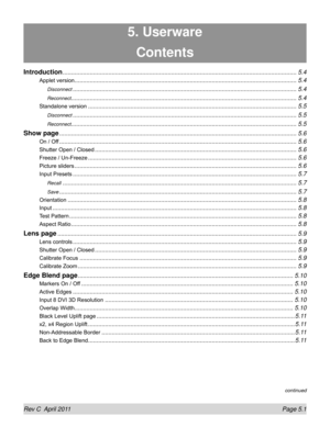 Page 115Rev C  April 2011 Page 5.1
5. Userware
continued
Contents
Introduction ........................................................................\
..................................................................5.4
Applet version........................................................................\
...........................................................5.4
Disconnect ........................................................................\...