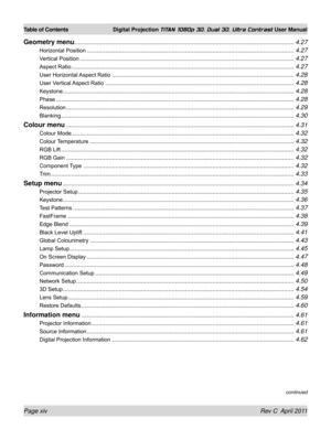 Page 14Page xiv Rev C  April 2011
Table of Contents Digital Projection TITAN 1080p 3D, Dual 3D. Ultra Contrast User Manual
continued
Geometry menu ........................................................................\
.........................................................4.27
Horizontal Position ........................................................................\
..................................................4.27
Vertical Position...