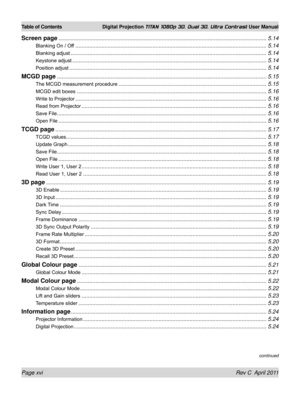 Page 16Page xvi Rev C  April 2011
Table of Contents Digital Projection TITAN 1080p 3D, Dual 3D. Ultra Contrast User Manual
Screen page ........................................................................\
...............................................................5.14
Blanking On / Off ........................................................................\
....................................................5.14
Blanking adjust ........................................................................\...