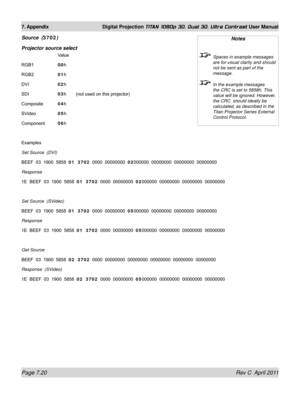 Page 166Page 7.20 Rev C  April 2011
7. Appendix Digital Projection TITAN 1080p 3D, Dual 3D. Ultra Contrast User Manual
Source  (3702)
projector source select
   Value
RGB1   00h
RGB2   01h
DVI   02h
SDI   03h (not used on this projector)
Composite 04h
SVideo   05h
Component 06h
Examples
Set Source  (DVI)
BEEF  03  1900  5858  01  3702   0000  00000000  02000000  00000000  00000000  00000000
Response   
1E  BEEF  03  1900  5858  01  3702   0000  00000000  02000000  00000000  00000000  00000000
Set Source...