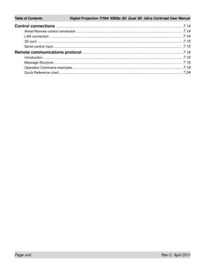 Page 18Page xviii Rev C  April 2011
Table of Contents Digital Projection TITAN 1080p 3D, Dual 3D. Ultra Contrast User Manual
Control connections ........................................................................\
................................................7.14
Wired Remote control connection ........................................................................\
.............................7.14
LAN connection ........................................................................\...