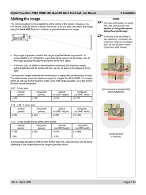 Page 39Rev C  April 2011 Page 2.15
Digital Projection TITAN 1080p 3D, Dual 3D. Ultra Contrast User Manual 2. Installation
Notes
 For more information on using 
the Lens shift feature, see 
section 4. Using the menus, 
Using the control keys.
 If the lens is to be shifted in 
two directions combined, the 
maximum range is somewhat 
less, as can be seen below. 
(zoom lens shift shown).
full horizontal or vertical shift  
without distortion
combined shift  
is reduced
Shifting the image
The normal position for the...