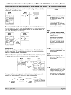 Page 59Rev C  April 2011 Page 4.7
Digital Projection TITAN 1080p 3D, Dual 3D. Ultra Contrast User Manual 4. Controlling the projector
 For important information about how Input 8 is used, see INPUT 8 in the Notes column, and also  Section 4, Overview .
Any subsequent changes that you make to the modal settings will be saved in the 
mode history,  with the input mode.
If a new signal is detected, the mode history for the previous signal will be saved in 
the mode history, and the new mode added, along with a new...