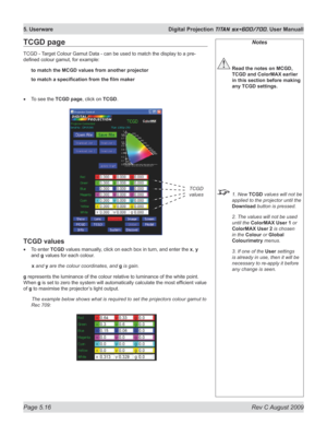 Page 110
Page 5.16  Rev C August 2009
5. Userware  Digital Projection TITAN sx+600/700. User Manuall

TCGD page
TCGD - Target Colour Gamut Data - can be used to match the display to a pre-
defined colour gamut, for example:
to match the MCGD values from another projector
to	match	a	specification	from	the	film	maker
To see the TCGD page, click on TCGD.
TCGD values
To enter TCGD values manually, click on each box in turn, and enter the x, y 
and g values for each colour.
 x and y are the colour coordinates, and g...