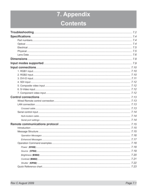 Page 123
Rev C August 2009  Page 7.1
7. Appendix
Contents
Troubleshooting ..................................................................................................................................7.2
Specifications ......................................................................................................................................7.4
Part numbers ....................................................................................................................................7.4
Optical...