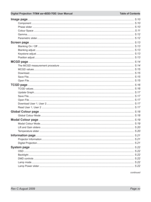 Page 15
Rev C August 2009 Page xv
Digital Projection TITAN sx+600/700. User Manual  Table of Contents

Image page .........................................................................................................................................5.10
Component ....................................................................................................................................5.10
Phase slider...