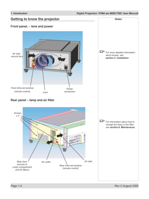 Page 20
Page 1.4  Rev C August 2009
1. Introduction  Digital Projection TITAN sx+600/700. User Manuall

Getting to know the projector
Front panel, – lens and power
Notes
 For more detailed information 
about lenses, see 
section 2. Installation
 For information about how to 
change the lamp or the filter, 
see section  6. Maintenance.
Rear door: 
(access to  
Lamp compartment  
and Air filters)
Rear	panel	–	lamp	and	air	filter
Screws 
x 4
Rear Infra-red window 
(remote control)
Power 
connectionLens
Air inlet -...