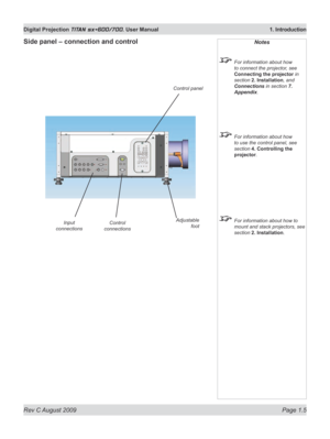 Page 21
Rev C August 2009 Page 1.5
Digital Projection TITAN sx+600/700. User Manual  1. Introduction

Side panel – connection and controlNotes
 For information about how 
to connect the projector, see 
Connecting the projector in 
section 2. Installation, and 
Connections in section 7. 
Appendix.
 For information about how 
to use the control panel, see 
section 4. Controlling the 
projector.
 For information about how to 
mount and stack projectors, see 
section 2. Installation.
Input 
connections
Control...