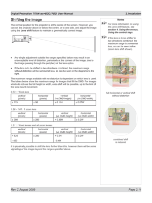 Page 33
Rev C August 2009 Page 2.11
Digital Projection TITAN sx+600/700. User Manual  2. Installation

Notes
 For more information on using 
the Lens shift feature, see 
section 4. Using the menus, 
Using the control keys.
 If the lens is to be shifted in 
two directions combined, the 
maximum range is somewhat 
less, as can be seen below. 
(zoom lens shift shown).
full horizontal or vertical shift 
without distortion
combined shift 
is reduced
Shifting the image
The normal position for the projector is at the...