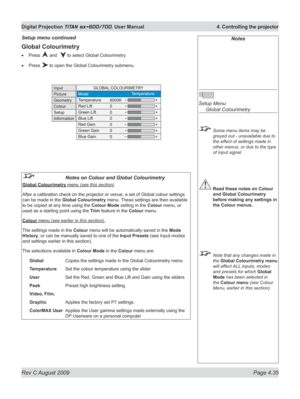 Page 79
Rev C August 2009 Page 4.35
Digital Projection TITAN sx+600/700. User Manual  4. Controlling the projector

Notes
 
Setup Menu 
  Global Colourimetry
 Some menu items may be 
greyed out - unavailable due to 
the effect of settings made in 
other menus, or due to the type 
of input signal.
 Read these notes on Colour 
and Global Colourimetry 
before making any settings in 
the Colour menus.
  Note that any changes made in 
the Global Colourimetry menu 
will affect ALL inputs, modes 
and presets for which...