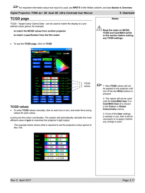 Page 129Rev C  April 2011 Page 5.17
Digital Projection TITAN sx+ 3D, Dual 3D, Ultra Contrast User Manual 5. Userware
 For important information about how Input 8 is used, see INPUT 8 in the Notes column, and also Section 4, Overview .
TCGD page
TCGD - Target Colour Gamut Data - can be used to match the display to a pre-
defined colour gamut, for example:
to match the MCGD values from another projector
to match a specification from the film maker
To see the TCGD page, click on TCGD.
TCGD values
To enter TCGD...