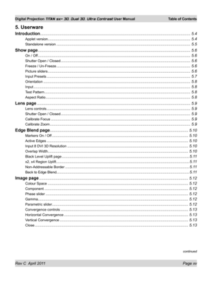 Page 15Rev C  April 2011 Page xv
Digital Projection TITAN sx+ 3D, Dual 3D, Ultra Contrast User Manual Table of Contents
5. Userware
Introduction ........................................................................\
..................................................................5.4
Applet version........................................................................\
...........................................................5.4
Standalone version...