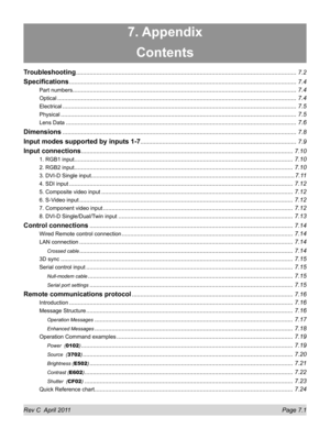 Page 145Rev C  April 2011 Page 7.1
7. Appendix
Contents
Troubleshooting ........................................................................\
..........................................................7.2
Specifications ........................................................................\
..............................................................7.4
Part numbers ........................................................................\
............................................................7.4...