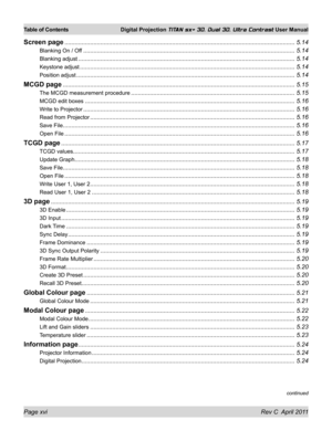 Page 16Page xvi Rev C  April 2011
Table of Contents Digital Projection TITAN sx+ 3D, Dual 3D, Ultra Contrast User Manual
Screen page ........................................................................\
...............................................................5.14
Blanking On / Off ........................................................................\
....................................................5.14
Blanking adjust ........................................................................\...