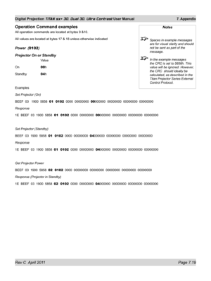 Page 163Rev C  April 2011 Page 7.19
Digital Projection TITAN sx+ 3D, Dual 3D, Ultra Contrast User Manual 7. Appendix
Operation Command examples
All operation commands are located at bytes 9 &10.
All values are located at bytes 17 & 18 unless otherwise indicated
power  (0102)
projector On or Standby
   Value
On   00h
Standby   04h
Examples
Set Projector (On)
BEEF  03   1900  5858  01  0102   0000  00000000  00000000  00000000  00000000  00000000
Response
1E  BEEF  03  1900  5858  01  0102   0000  00000000...