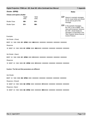 Page 167Rev C  April 2011 Page 7.23
Digital Projection TITAN sx+ 3D, Dual 3D, Ultra Contrast User Manual 7. Appendix
Shutter  (CF02)
Closes and opens shutter
      Target   Value 
      (Set)   (Get)
Shutter Close   00h   01h
Shutter Open   01h   00h
Examples
Set Shutter  (Close)
BEEF  03  1900  5858  01  CF02   0000  00000000  00000000  00000000  00000000  00000000
Response   
1E  BEEF  03  1900  5858  01  CF02   0000  00000000  00000000  00000000  00000000  00000000
Set Shutter  (Open)
BEEF  03  1900  5858  01...