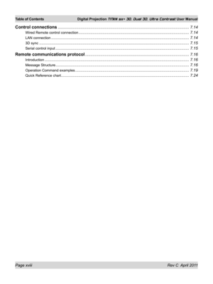 Page 18Page xviii Rev C  April 2011
Table of Contents Digital Projection TITAN sx+ 3D, Dual 3D, Ultra Contrast User Manual
Control connections ........................................................................\
................................................7.14
Wired Remote control connection ........................................................................\
.............................7.14
LAN connection ........................................................................\...