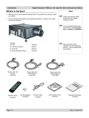 Page 20Page 1.2 Rev C  April 2011
1. Introduction Digital Projection TITAN sx+ 3D, Dual 3D, Ultra Contrast User Manual
What’s in the box?
Make sure your box contains everything listed. If any pieces are missing\
, contact 
your dealer.
You should save the original box and packing materials, in case you ever \
need 
to ship your Projector.
•
•
Notes
 
Lenses are optional. Order 
lenses from your Digital 
Projection dealer.
 For more detailed information 
about lenses, see  Choosing a 
lens, in section 2....