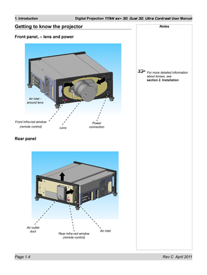 Page 22Page 1.4 Rev C  April 2011
1. Introduction Digital Projection TITAN sx+ 3D, Dual 3D, Ultra Contrast User Manual
Notes
 For more detailed information 
about lenses, see 
section 2. Installation
Getting to know the projector
Front panel, – lens and power
Rear panel
Rear Infra-red window 
(remote control) Power 
connection
Lens
Air inlet - 
around lens
Front Infra-red window
(remote control)
Air inlet
Air outlet 
duct 