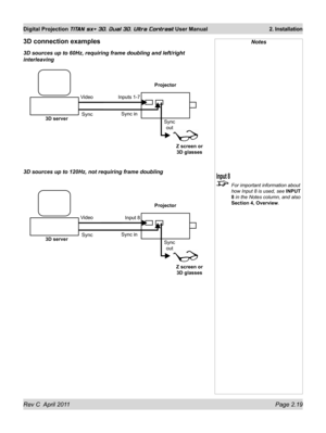 Page 43Rev C  April 2011 Page 2.19
Digital Projection TITAN sx+ 3D, Dual 3D, Ultra Contrast User Manual 2. Installation
Notes
 For important information about 
how Input 8 is used, see INPUT 
8 in the Notes column, and also 
Section 4, Overview.
Projector
3D server
Z screen or  3D glasses
Inputs 1-7
Sync
Video
Sync out
Sync in
Projector
3D server
Z screen or  3D glasses
Input 8
Sync
Video
Sync out
Sync in
3D connection examples
3D sources up to 60Hz, requiring frame doubling and left/right 
interleaving
3D...