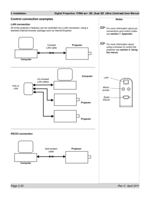 Page 44Page 2.20 Rev C  April 2011
2. Installation Digital Projection TITAN sx+ 3D, Dual 3D, Ultra Contrast User Manual
Notes
 For more information about pin 
connections and control codes 
see section 7. Appendix.
 For more information about 
using a browser to control the 
projector see  section 4. Using 
the menus.
Computer Null-modem  
cable
Control connection examples
LAN connection
All of the projector’s features can be controlled via a LAN connection, using a 
standard internet browser package such as...