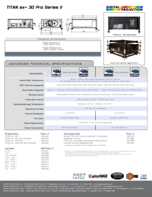 Page 2Native Color TemperatureHDTV Formats Supported Scan Rates Supported Remote Control
Automation Control
Operating/Storage Temperature Operating Humidity
Thermal Dissipation  Fan Noise
Power Requirements Power Consumption PARAMETERS
Projectors 
Part #TITAN sx+ 3D  109-340
TITAN sx+ 3D Ultra Contrast   109-341
TITAN sx+ Dual 3D  109-334
TITAN sx+ Dual 3D Ultra Contrast   109-335Accessories            Part #Single TITAN 3D Lamp & Housing* (2 required)      109-319
RapidRigTM Frame            107-956
TITAN sx+...