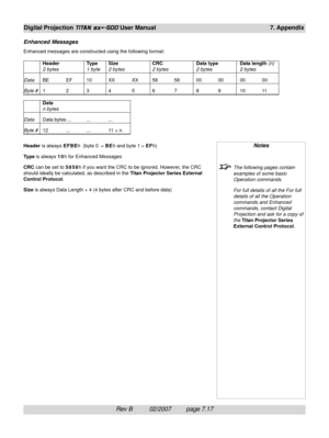 Page 113Rev B          02/2007         page 7.17
Digital Projection TITAN sx+-500 User Manual 7. Appendix
Enhanced Messages
Enhanced messages are constructed using the following format:
Header is always EFBEh  (byte 0  = BEh and byte 1 = EFh)
Type is always 10h for Enhanced Messages
CRC can be set to 5858h if you want the CRC to be ignored. However, the CRC
should ideally be calculated, as described in the Titan Projector Series External
Control Protocol.
Size is always Data Length + 4 (4 bytes after CRC and...