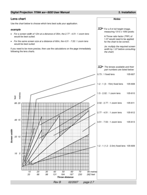 Page 27Rev B          02/2007       page 2.7
Digital Projection TITAN sx+-500 User Manual2. Installation
Notes
For a 5:4 full height image,
measuring 1313 x 1050 pixels:
A Throw ratio factor (TRF) of
1.07 would need to be applied
for the chart to be correct.
(ie: multiply the required screen
width by 1.07 before consulting
the chart)
The lenses available and their
part numbers are listed below:
0.73 : 1 fixed lens 105-607
1.2 : 1 (3 - 15m) fixed lens 105-608
1.5 - 2.02 : 1 zoom lens 105-610
2.02 - 2.77 : 1 zoom...