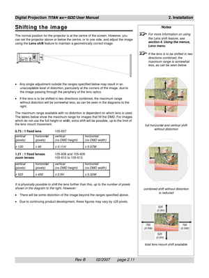 Page 31Rev B          02/2007       page 2.11
Digital Projection TITAN sx+-500 User Manual2. Installation
Notes
For more information on using
the Lens shift feature, see
section 4. Using the menus,
Lens menu.
If the lens is to be shifted in two
directions combined, the
maximum range is somewhat
less, as can be seen below.
full horizontal and vertical shift
without distortion
combined shift without distortion
is reduced
total lens mount shift available
Shifting the image
The normal position for the projector is...