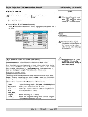 Page 69Rev B          02/2007        page 4.27
Digital Projection TITAN sx+-500 User Manual 4. Controlling the projector
Notes
When using the menus, press
OSD 
 or  to hide or
reveal the On-Screen-Display.
Colour Menu
Some menu items may be
greyed out - unavailable due to
the effect of settings made in
other menus, or due to the type
of input signal.
Read these notes on Colour
and Global Colourimetry
before making any settings in
the Colour menus.
Colour menu
To return to the main menu, press  up to three...